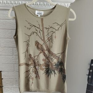 Hiroko Wmn Grey Olive Sleeveless Top Blouse Tree Bird Beaded Nature Design Sz S